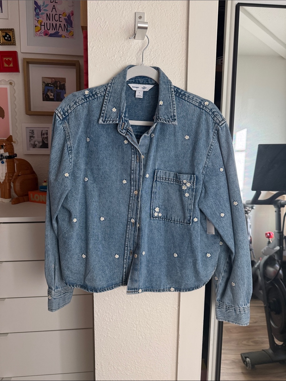 Old Navy Blue Denim Button-Down Shirt with White Daisy Embroidery